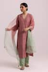 Buy_Label Shreya Sharma_Pink Kurta And Pant Cotton Silk Embroidered Sequin V-neck Flower Butti Set _Online_at_Aza_Fashions