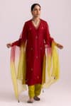 Buy_Label Shreya Sharma_Red Kurta And Pant Cotton Silk Embroidered Sequin V-neck Flower Set _at_Aza_Fashions