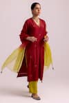 Buy_Label Shreya Sharma_Red Kurta And Pant Cotton Silk Embroidered Sequin V-neck Flower Set _Online_at_Aza_Fashions