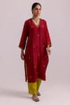 Shop_Label Shreya Sharma_Red Kurta And Pant Cotton Silk Embroidered Sequin V-neck Flower Set _Online_at_Aza_Fashions