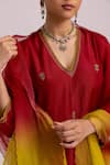 Label Shreya Sharma_Red Kurta And Pant Cotton Silk Embroidered Sequin V-neck Flower Set _at_Aza_Fashions