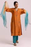 Buy_Label Shreya Sharma_Orange Kurta And Pant Cotton Silk Embroidered Sequin V-neck Blossom Set _at_Aza_Fashions