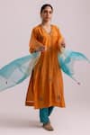 Label Shreya Sharma_Orange Kurta And Pant Cotton Silk Embroidered Sequin V-neck Blossom Set _Online_at_Aza_Fashions