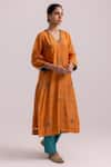 Buy_Label Shreya Sharma_Orange Kurta And Pant Cotton Silk Embroidered Sequin V-neck Blossom Set _Online_at_Aza_Fashions