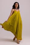 Buy_Label Shreya Sharma_Green Cotton Silk Plain V-neck Strappy Dress _at_Aza_Fashions