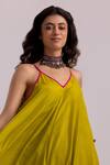 Label Shreya Sharma_Green Cotton Silk Plain V-neck Strappy Dress _Online_at_Aza_Fashions