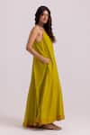 Shop_Label Shreya Sharma_Green Cotton Silk Plain V-neck Strappy Dress _Online_at_Aza_Fashions