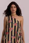 Label Shreya Sharma_Black Cotton Silk Rose One Shoulder Stripe Patterned Dress _Online_at_Aza_Fashions