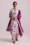 Buy_Label Shreya Sharma_White Kurta And Pant Chanderi Printed Floral Vine V-neck Set _at_Aza_Fashions