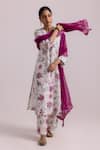 Label Shreya Sharma_White Kurta And Pant Chanderi Printed Floral Vine V-neck Set _Online_at_Aza_Fashions