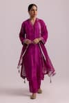 Buy_Label Shreya Sharma_Magenta Kurta And Pant Chanderi Printed Floral Vine Sequin Embellished Set _at_Aza_Fashions