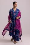 Buy_Label Shreya Sharma_Blue Kurta And Pant Chanderi Printed Floral Vine V-neck Set _at_Aza_Fashions