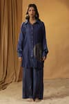 arpita sulakshana_Blue Chanderi Hand Paint Foil Collar Shirt Kurta With Pant _Online_at_Aza_Fashions