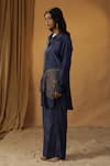 arpita sulakshana_Blue Chanderi Hand Paint Foil Collar Shirt Kurta With Pant _at_Aza_Fashions