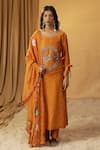 Buy_arpita sulakshana_Orange Chanderi Hand Paint Lotus Round Bird Embroidered Kurta And Pant Set _at_Aza_Fashions