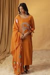 Shop_arpita sulakshana_Orange Chanderi Hand Paint Lotus Round Bird Embroidered Kurta And Pant Set _Online_at_Aza_Fashions