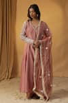 Buy_arpita sulakshana_Pink Chanderi Embroidery Lace V-neck Dori Angarkha And Pant Set _at_Aza_Fashions