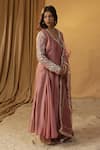 Buy_arpita sulakshana_Pink Chanderi Embroidery Lace V-neck Dori Angarkha And Pant Set _Online_at_Aza_Fashions