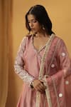 arpita sulakshana_Pink Chanderi Embroidery Lace V-neck Dori Angarkha And Pant Set _at_Aza_Fashions