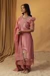 arpita sulakshana_Pink Chanderi Embroidery Bell Flower Round Hand Painted Kurta And Pant Set _at_Aza_Fashions