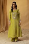 Buy_arpita sulakshana_Green Chanderi Hand Paint Lotus Round Garden Embroidered A-line Kurta And Pant Set _Online_at_Aza_Fashions