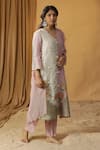 Buy_arpita sulakshana_Pink Chanderi Hand Paint Floral V-neck Silk Embroidered Kurta And Pant Set _at_Aza_Fashions