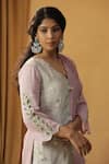 Shop_arpita sulakshana_Pink Chanderi Hand Paint Floral V-neck Silk Embroidered Kurta And Pant Set _Online_at_Aza_Fashions