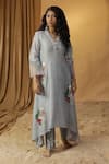 Buy_arpita sulakshana_Blue Chanderi Hand Paint Abstract V-neck Embroidered A-line Kurta With Pant _Online_at_Aza_Fashions