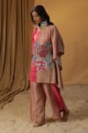 Shop_arpita sulakshana_Pink Chanderi Hand Paint Floral Round Color Block Kaftan With Pant _Online_at_Aza_Fashions