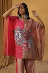 arpita sulakshana_Pink Chanderi Hand Paint Floral Round Color Block Kaftan With Pant _at_Aza_Fashions