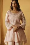 arpita sulakshana_Pink Chanderi Embroidery Floral Round Pearl Asymmetric Kurta With Pant _at_Aza_Fashions