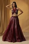 arpita sulakshana_Maroon Chanderi Embroidery Mirror Halter Neck Sequin Blouse And Lehenga Set _at_Aza_Fashions