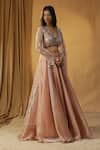 arpita sulakshana_Peach Chanderi Embroidery Mirror Halter Neck Blouse And Lehenga Set _at_Aza_Fashions