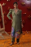 Shop_arpita sulakshana_Green Chanderi Silk Hand Painted Butterfly V Neck Kurta Set _at_Aza_Fashions