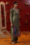 arpita sulakshana_Green Chanderi Silk Hand Painted Butterfly V Neck Kurta Set _Online_at_Aza_Fashions