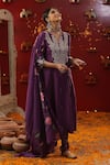 Buy_arpita sulakshana_Purple Chanderi Silk Embroidery Zardozi Notched Kurta Set _at_Aza_Fashions