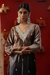 arpita sulakshana_Brown Velvet Embroidery Zardozi V Neck Ombre Kurta Set _at_Aza_Fashions