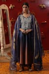 Shop_arpita sulakshana_Blue Velvet Embroidery Zardozi Notched Ombre Floral Kurta Set _Online_at_Aza_Fashions