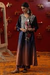 arpita sulakshana_Blue Velvet Embroidery Zardozi Notched Ombre Floral Kurta Set _at_Aza_Fashions