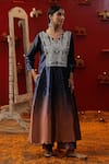 arpita sulakshana_Blue Velvet Embroidery Zardozi Notched Ombre Floral Kurta Set _Online