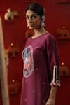 arpita sulakshana_Wine Chanderi Silk Hand Painted Bird Round Kurta And Pant Set _at_Aza_Fashions