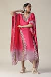 arpita sulakshana_Pink Georgette Handpainted Floral V-neck Flower Asymmetric Ombre Kaftan _Online_at_Aza_Fashions