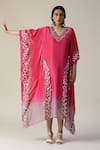 Shop_arpita sulakshana_Pink Georgette Handpainted Floral V-neck Flower Asymmetric Ombre Kaftan _Online_at_Aza_Fashions