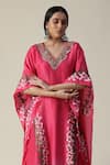 arpita sulakshana_Pink Georgette Handpainted Floral V-neck Flower Asymmetric Ombre Kaftan _at_Aza_Fashions