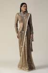 Buy_arpita sulakshana_Brown Georgette Woven Zari Band Collar Pre-draped Saree With Blouse _at_Aza_Fashions