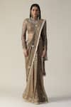 arpita sulakshana_Brown Georgette Woven Zari Band Collar Pre-draped Saree With Blouse _Online_at_Aza_Fashions