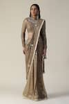 Buy_arpita sulakshana_Brown Georgette Woven Zari Band Collar Pre-draped Saree With Blouse _Online_at_Aza_Fashions