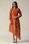 Buy_arpita sulakshana_Orange Raw Silk Embellished Sequin Mandarin Collar Asymmetric Tunic _at_Aza_Fashions