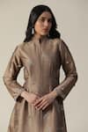 arpita sulakshana_Brown Raw Silk Embellished Sequin Mandarin Collar Asymmetric Tunic _at_Aza_Fashions