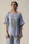 Buy_arpita sulakshana_Sky Blue Chanderi Silk Embellished Patchwork Mirrorwork Bird Tunic With Pant 